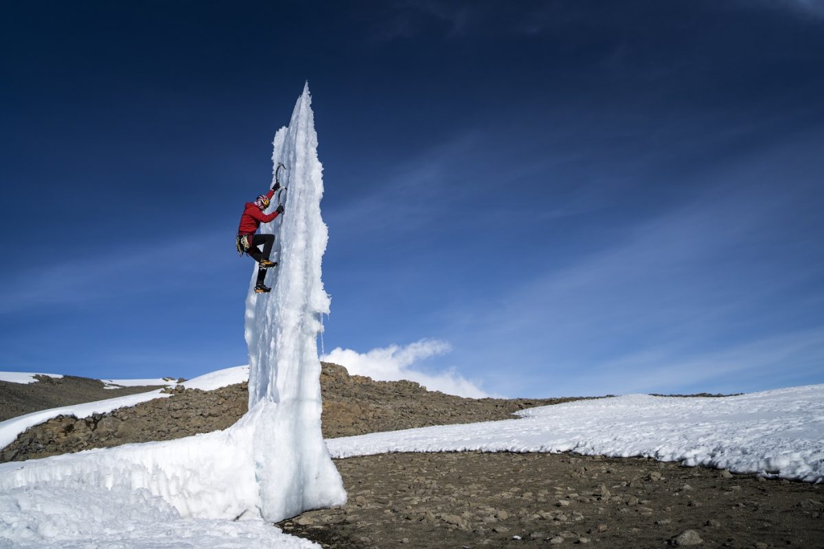 Will Gadd climbs on the Furtwangler Glacier on Mt Kilimanjaro on 22 February, 2020 in Tanzania, Africa.